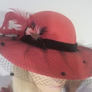Red, Feathered, and Veiled Vinatge Hat by Betmar